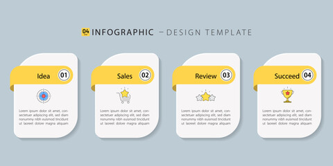 4 step business infographic template with target, sales, review and success, modern yellow flat design for marketing process and corporate presentation, Infograph elements vector illustration.