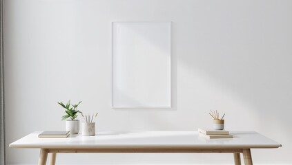 Fototapeta premium Mockup frame placed on a work table in a living room setting with a blank white wall backdrop, ideal for design layout