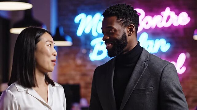 Confident African American founder passionately explaining the company's vision and mission to his focused Asian female colleague in a modern startup office with a neon sign.