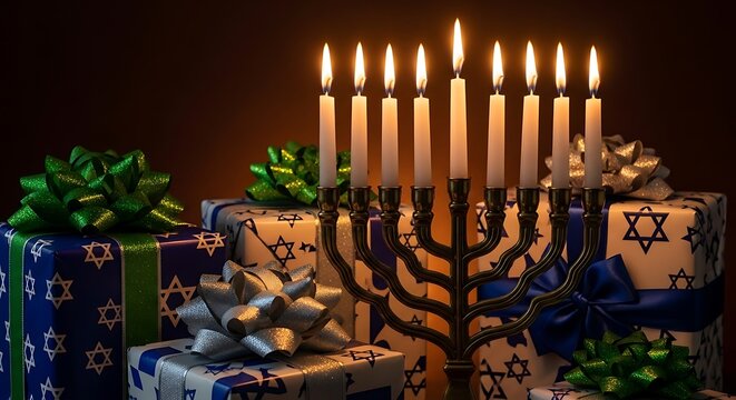 Hanukkah menorah with lit candles and gifts wrapped in star of david paper