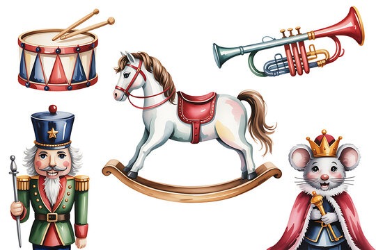 Classic festive toys, nutcracker, mouse king, drum, rocking horse