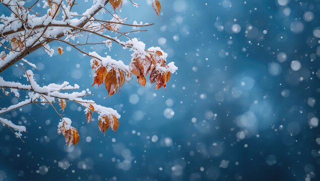 Winter scene featuring snow-laden branches and lingering autumn foliage, ideal for seasonal greetings