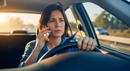Woman talking on cell phone while driving. Distracted driver concept. Road safety and responsible vehicle operation.