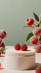 Frosted raspberries displayed on minimalist podium with soft natural lighting