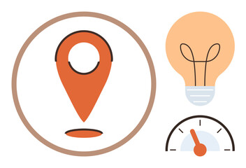 Orange location pin, bright lightbulb, and speed dial with needle. Ideal for innovation, creativity, navigation, speed, productivity progress and efficiency themes. Simple flat metaphor