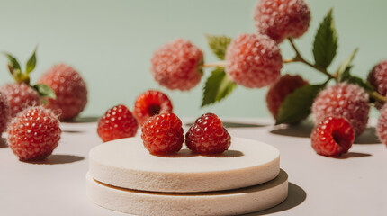 Frosted raspberries displayed on minimalist podium with soft natural lighting