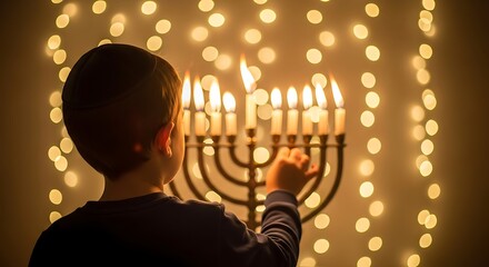 Boy lighting hanukkah candles in menorah with bokeh lights background