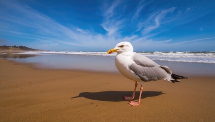Seagull resting on the sandy beach, solitude in a coastal environment