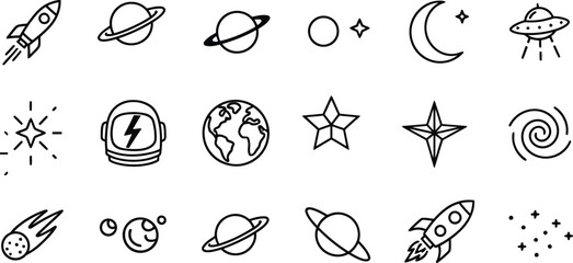 Collection of hand drawn doodle icons representing space and astronomy elements © Mst.China Khatun