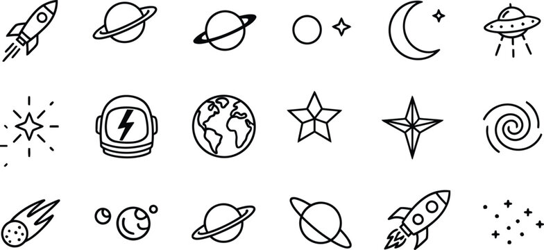 Collection of hand drawn doodle icons representing space and astronomy elements