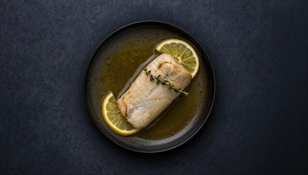 Roasted sea bass fillet garnished with lemon and thyme, protein-rich meal