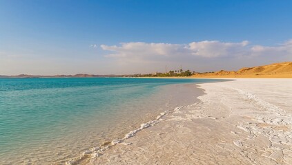Obraz premium A saltwater lake with transparent water and white salt deposits along its shores near a desert oasis.