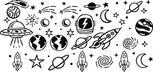 Whimsical hand drawn space doodles featuring planets rockets stars and ufos