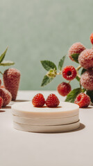 Frosted raspberries displayed on minimalist podium with soft natural lighting