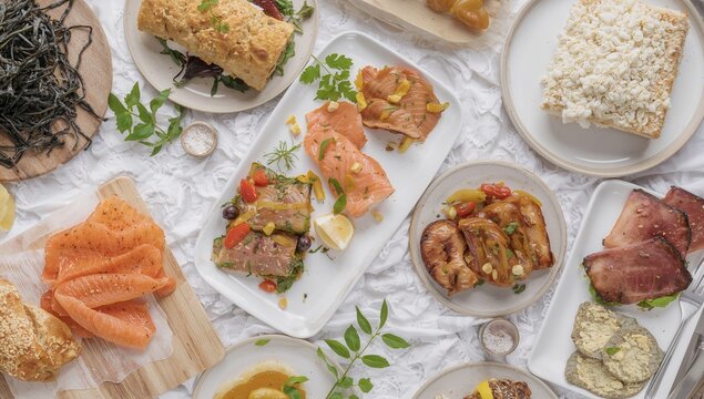 An array of vibrant foods including salmon, seaweed, and a sandwich, highlighting nutritious options