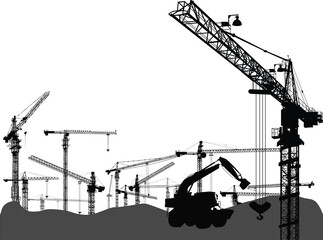 industrial landscape with grey tower cranes