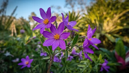 Purple blooms in a lush tropical garden, vibrant colors enhance the natural beauty