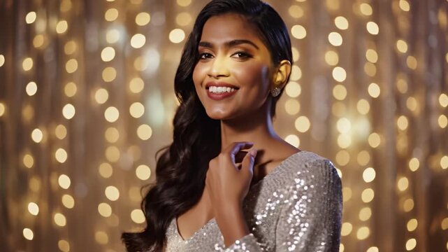 Portrait of a beautiful smiling woman in a silver sequin dress. The warm, golden bokeh background creates a glamorous, festive mood. Perfect for beauty, fashion, or celebration concepts.