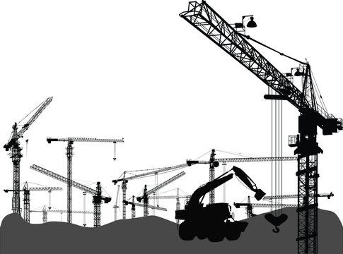 industrial landscape with grey tower cranes