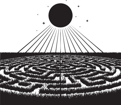 Isolated a kind of maze or labyrinth under sun vector silhouette evoking puzzle mystery navigation challenges and intellectual adventure quests