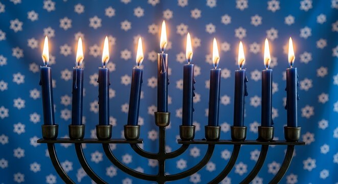 Burning hanukkah candles in menorah against blue background with star pattern
