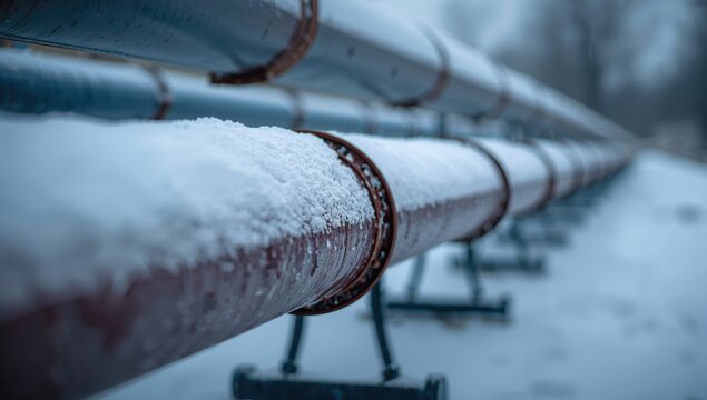 The main supplies hot water, large pipes in central heating system covered in snow, fuel crisis impact on heating costs