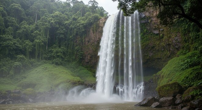 Majestic waterfall cascades amidst lush green foliage and rocky terrain