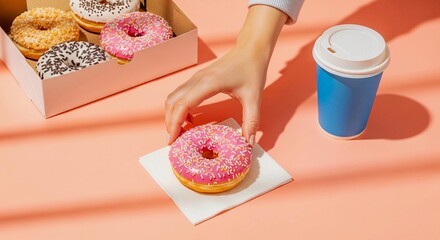 A person's hand taking a pink frosted donut with sprinkles from a pink table next to a coffee cup and a box of assorted donuts.