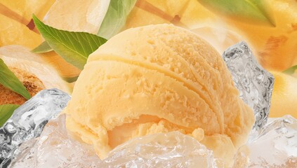 Composition featuring mango ice cream on a vibrant backdrop, indulgent treat with high sugar content