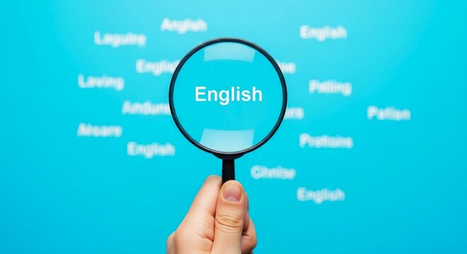 A magnifying glass focuses on the word "English" amidst a collection of other words on a blue background.
