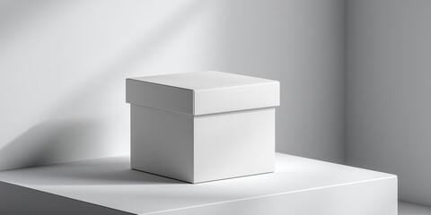 Minimalist white gift box on a pedestal in bright studio lighting  