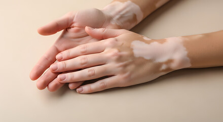 Hands affected by vitiligo, showing skin condition and discoloration on light background