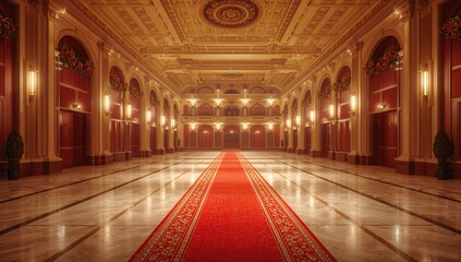 Obraz premium Red carpet and festive decor in a brightly lit concert hall corridor, setting for a major cultural event