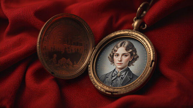 Vintage locket portrait on red fabric