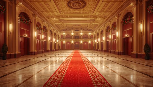 Red carpet and festive decor in a brightly lit concert hall corridor, setting for a major cultural event