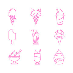 Outline Set of Nine Pink Ice Cream Icons: Cone, Popsicle, Milkshake, Sundae, and Whipped Cream Cup Vector Illustration.