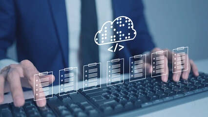 Document Management System DMS cloud computing Artificial Intelligence AI learning, Developer training a machine learning model cloud-based data documents stored on a secure cloud network.