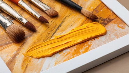 Vivid yellow stroke, paintbrushes and palette filled with oil paints, artistic expression, World Art Day