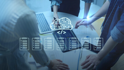 Document Management System DMS cloud computing Artificial Intelligence AI learning, Developer training a machine learning model cloud-based data documents stored on a secure cloud network.