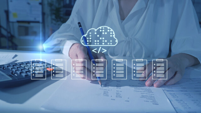 Document Management System DMS cloud computing Artificial Intelligence AI learning, Developer training a machine learning model cloud-based data documents stored on a secure cloud network.