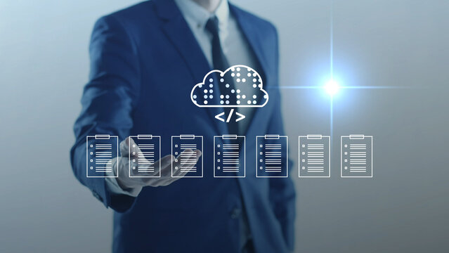 Document Management System DMS cloud computing Artificial Intelligence AI learning, Developer training a machine learning model cloud-based data documents stored on a secure cloud network.