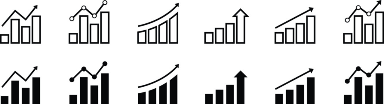 Growth icon set. Containing arrow up, growing graph, business chart icons. Vector illustration.