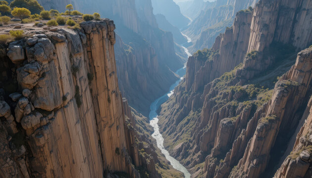 Aerial view of a deep canyon with a river flowing through