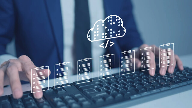 Document Management System DMS cloud computing Artificial Intelligence AI learning, Developer training a machine learning model cloud-based data documents stored on a secure cloud network.