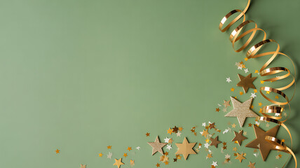 Festive golden stars and shiny ribbon border on green background