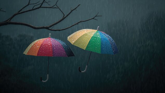 Raindrops cascade on transparent umbrellas beneath a bare tree branch during a heavy downpour, seasonal change - Powered by Adobe