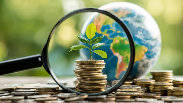 Magnifying Glass Focused on Green Plant Growing from Coin Stack Beside Globe and Money