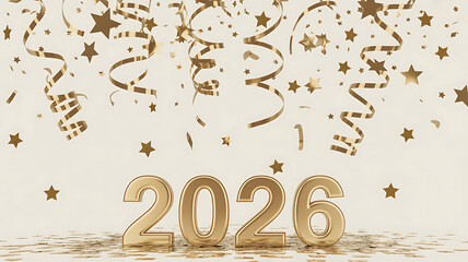 Golden 2026 text with falling stars and confetti celebration