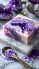 Handmade gemstone soap styled like amethyst slice with glitter details, perfect for spa, beauty, and luxury product design visuals.