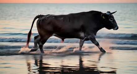 Majestic bull strides powerfully through shallow ocean waters at sunset in a dynamic display of nature